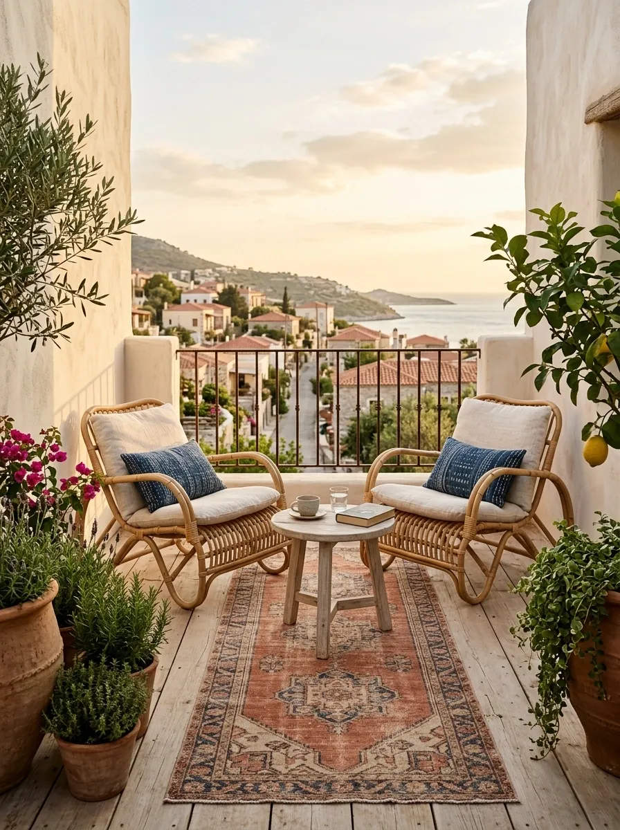 Mediterranean Balcony With Woven Chairs and Terracotta Planters