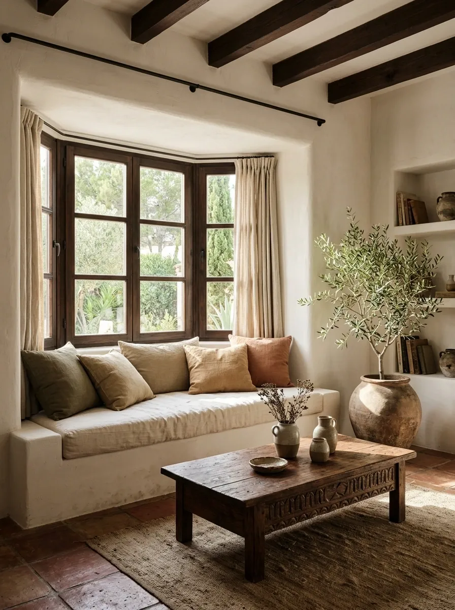 Mediterranean Bay Window With Limewash, Terracotta, and Carved Wood