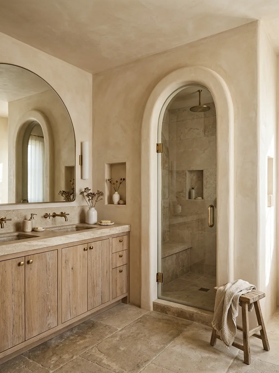 Mediterranean Beige Bathroom With an Arched Shower Entry