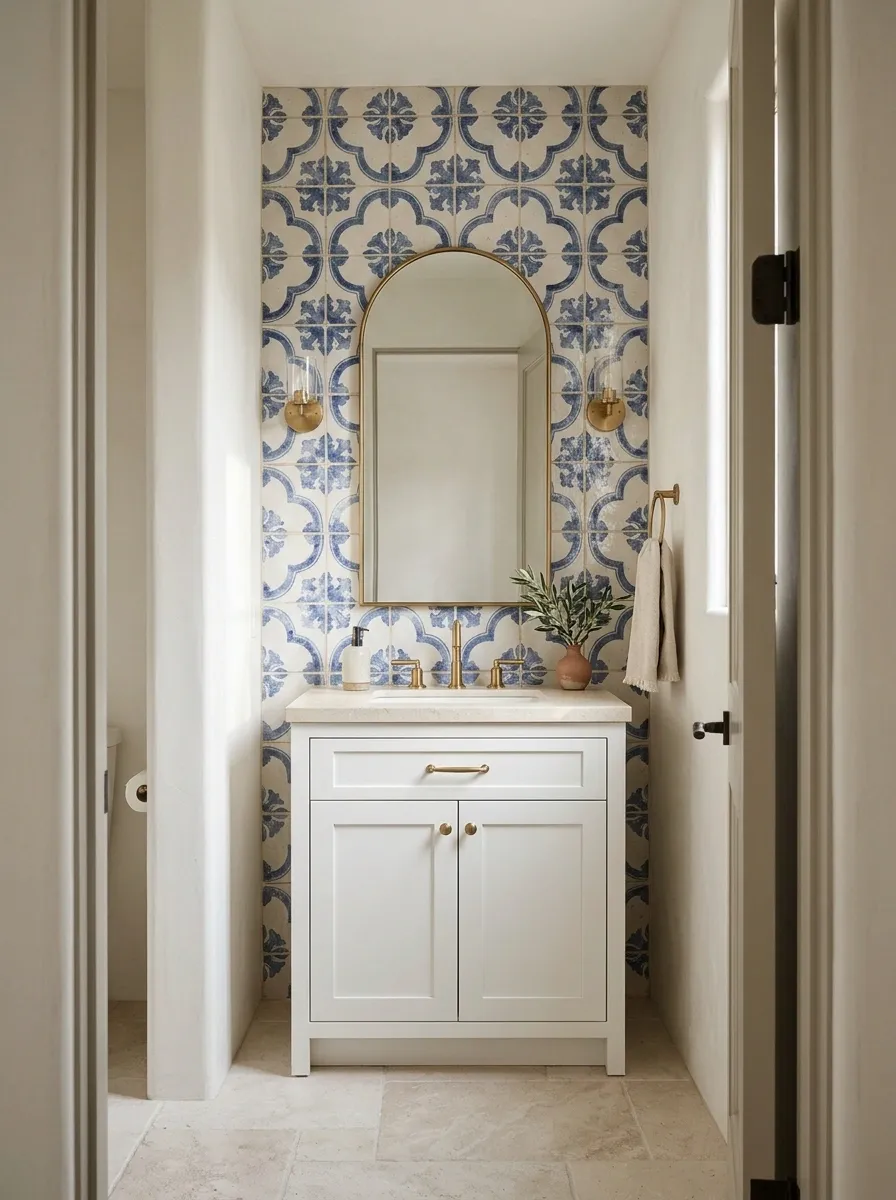 Mediterranean Blue-and-White Tile Behind a Compact Vanity
