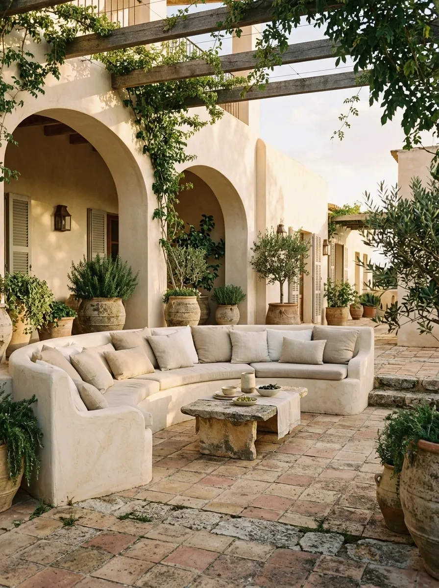 Mediterranean Courtyard With Curved, Built-In Seating