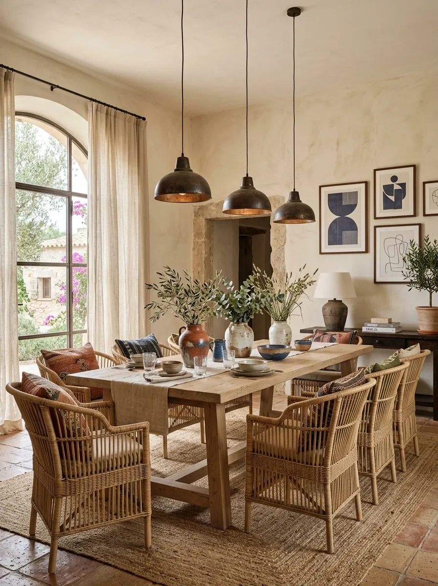 Mediterranean Eclectic Dining Room With Plaster Walls and Patterned Textiles