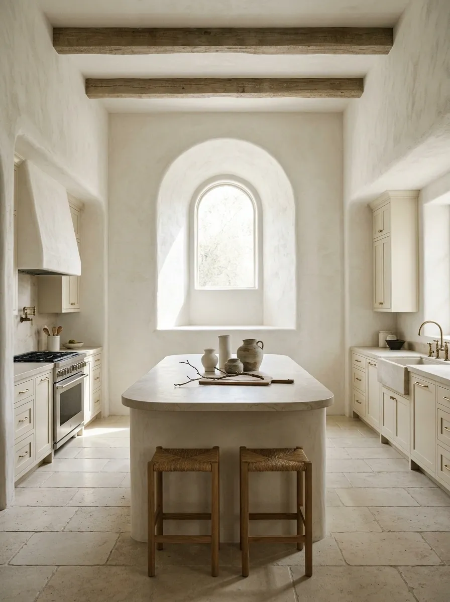 Mediterranean Kitchen With an Arched Stone Window