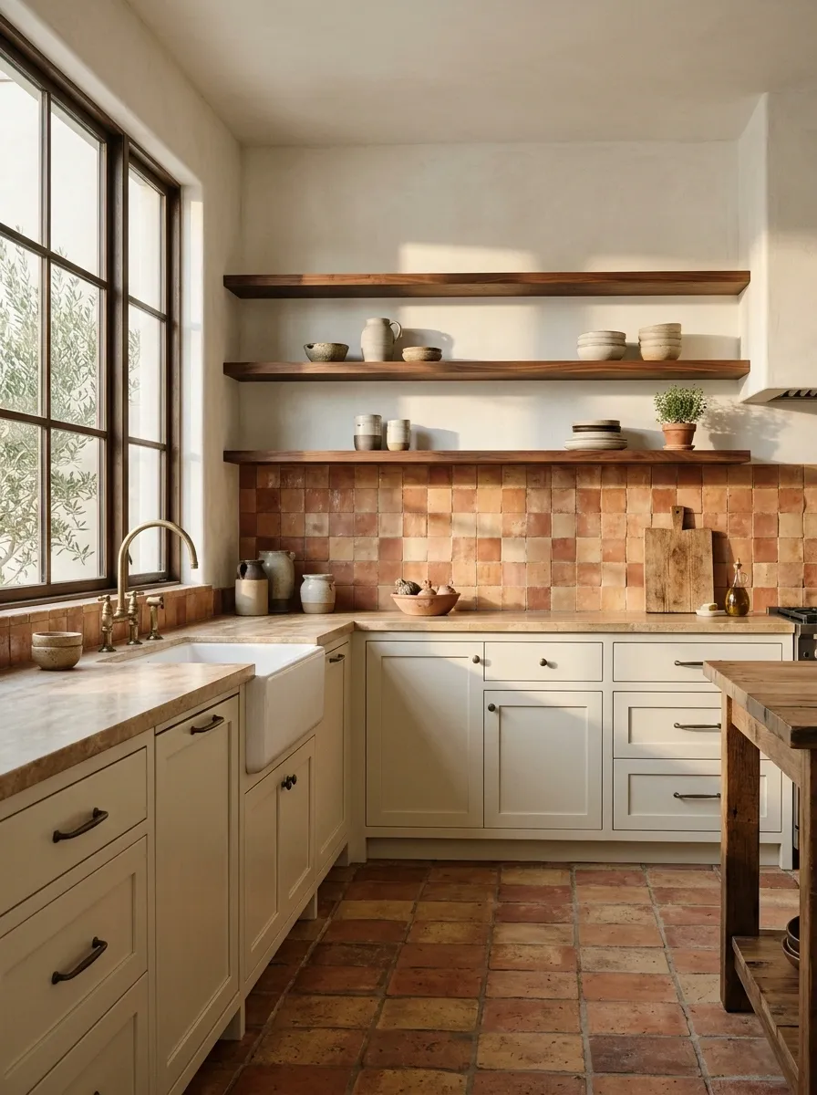 Mediterranean Kitchen With Terracotta, Cream, and Walnut