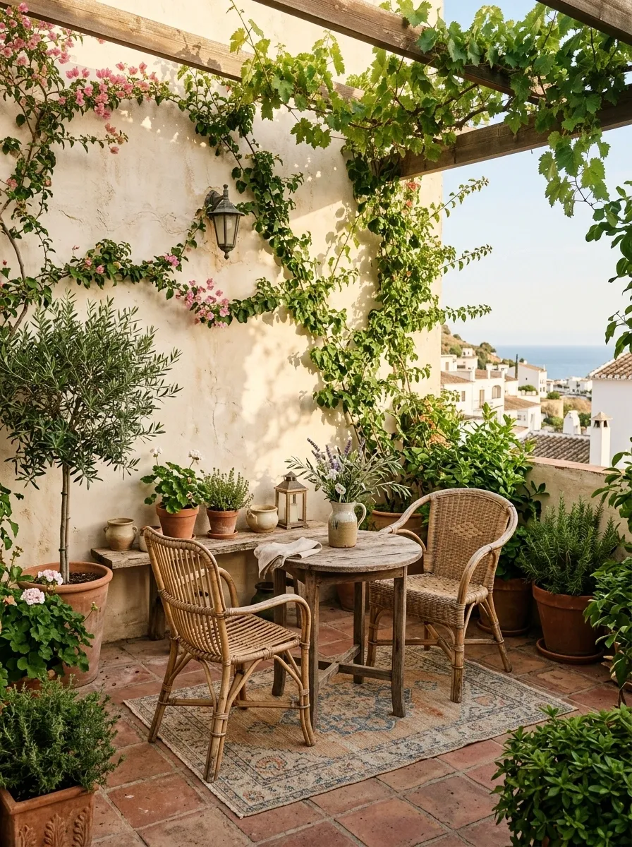 Mediterranean Patio With Terracotta, Limewashed Walls, and Woven Seating