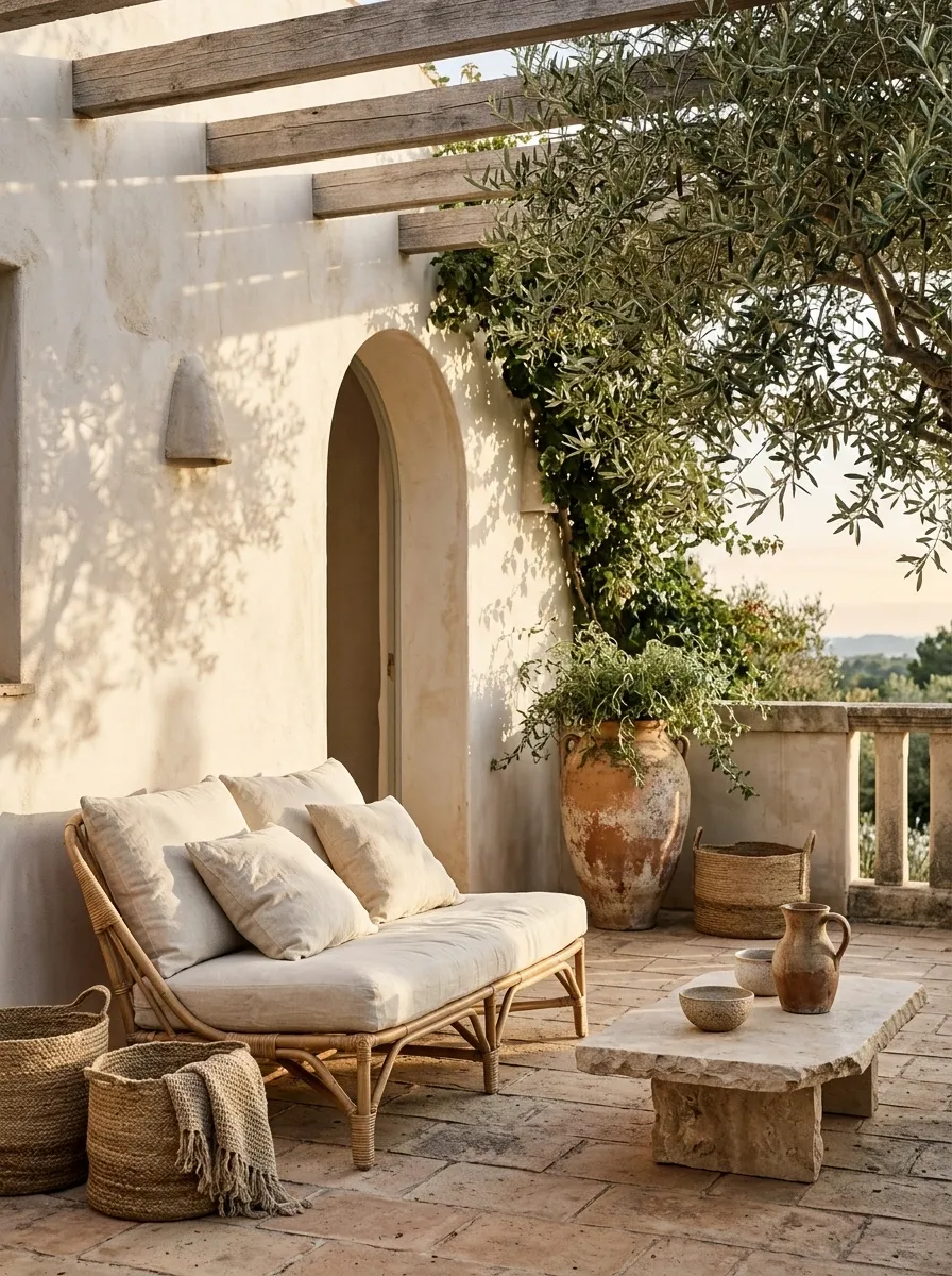 Mediterranean Terrace With Terracotta and Woven Textures