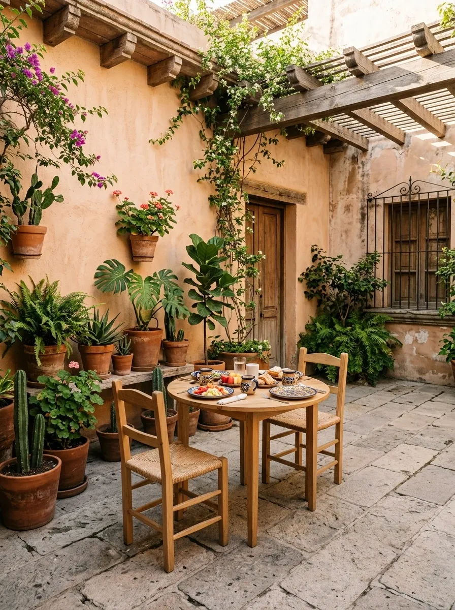 Mexican Breakfast Courtyard With a Small Round Table