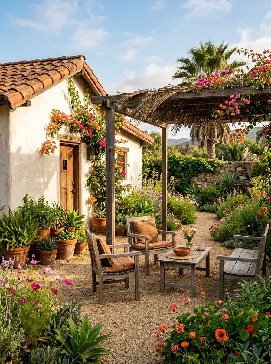 Mexican Cottage Backyard With Wildflower Planting and Rustic Seating