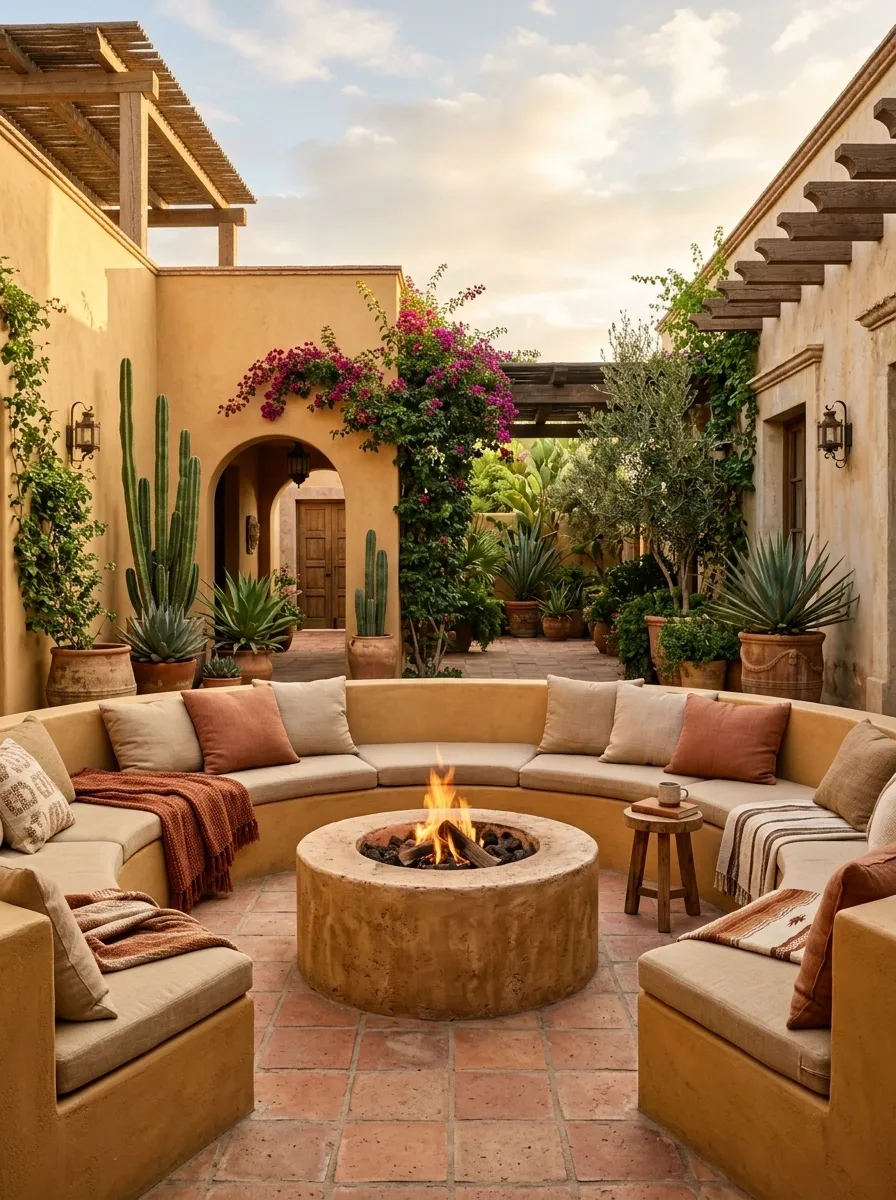 Mexican Fire Pit Courtyard With Low Lounge Seating