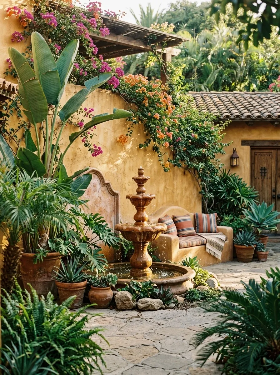 Mexican Fountain Garden With Layered Planting