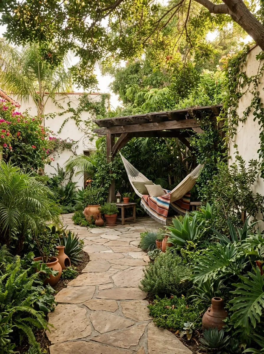 Mexican Garden With Stone Pathways and a Covered Hammock Area