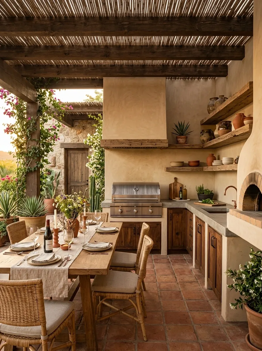 Mexican Outdoor Kitchen With a Plaster Cooking Wall