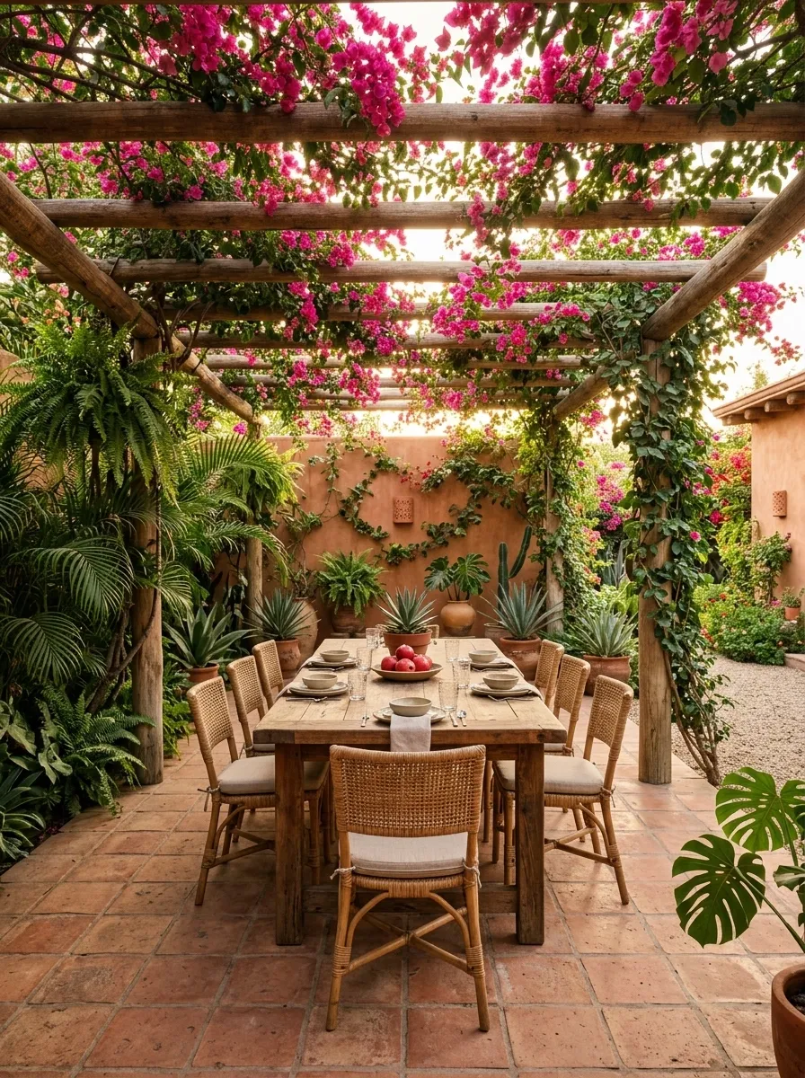 Mexican Pergola Dining Garden With Climbing Bougainvillea