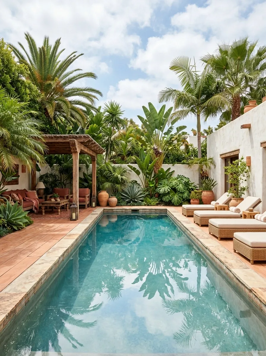Mexican Poolside Backyard With Terracotta and Tropical Greenery