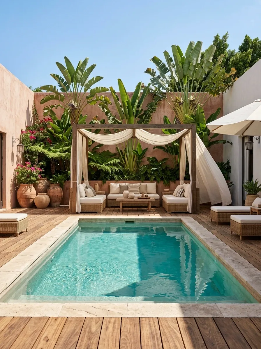 Mexican Poolside Lounge With Canopy Beds and Clay Accents