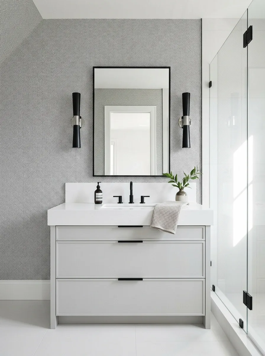 Micro-Geometric Wallpaper in a Crisp Contemporary Bathroom
