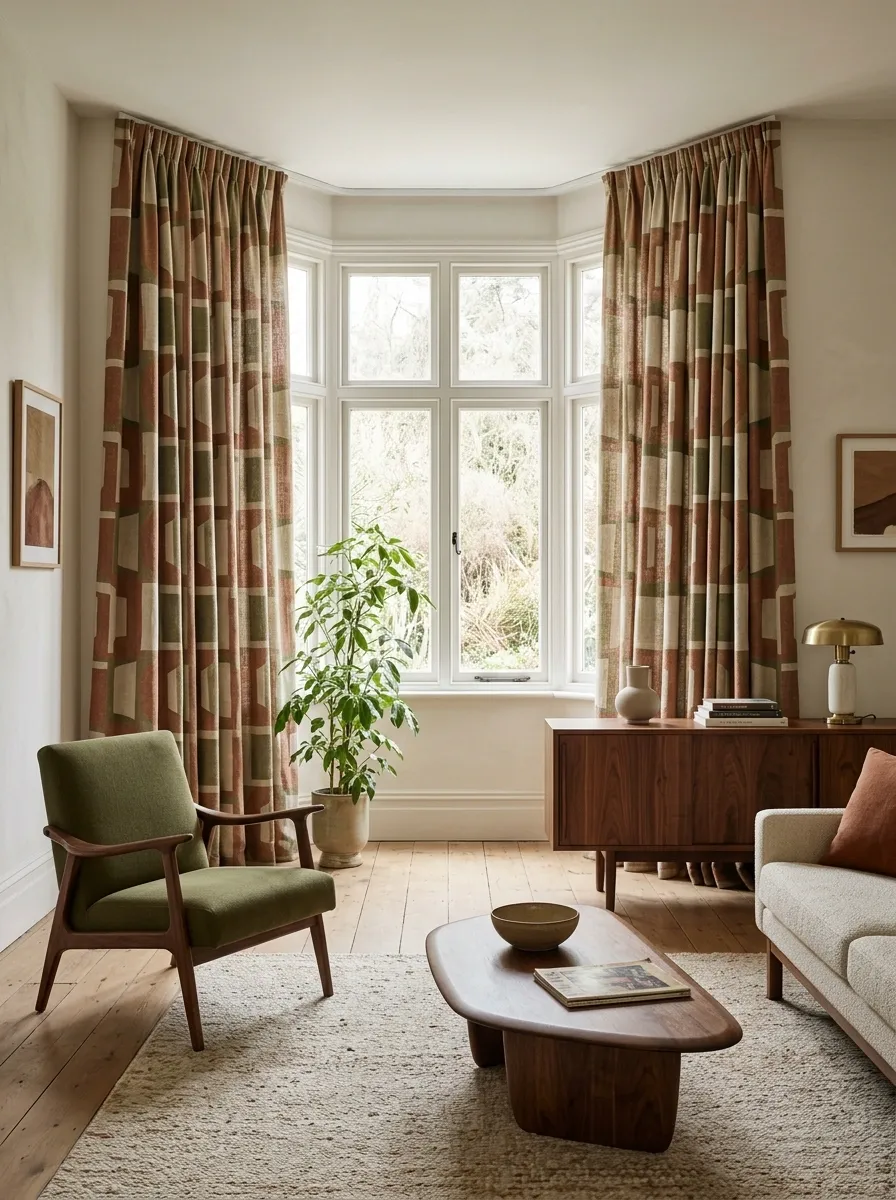Mid-Century Bay With Large-Scale Geometric Curtains