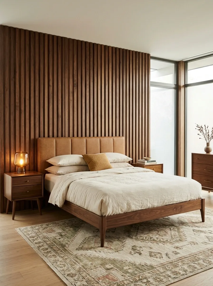 Mid-Century Bedroom With Walnut Paneling and Caramel Upholstery