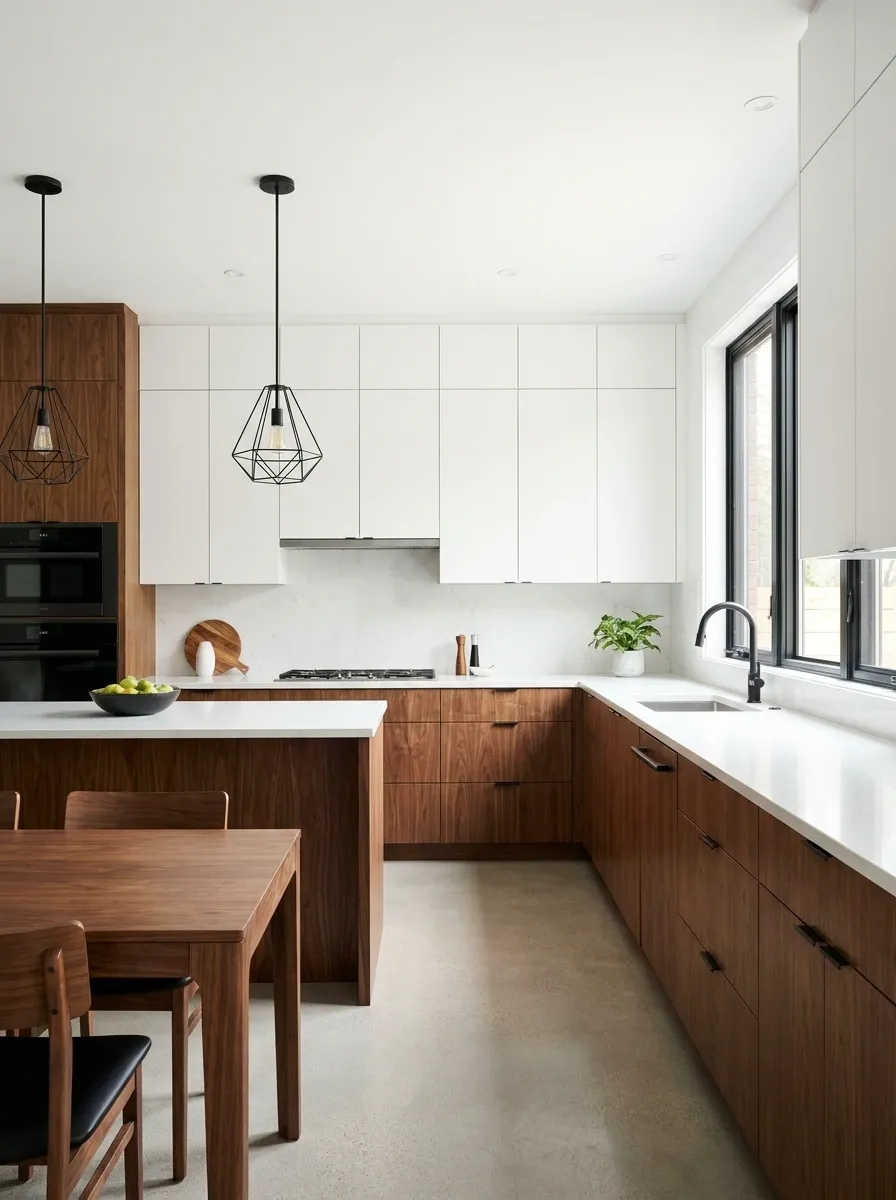 Mid-Century Black and White Kitchen With Walnut