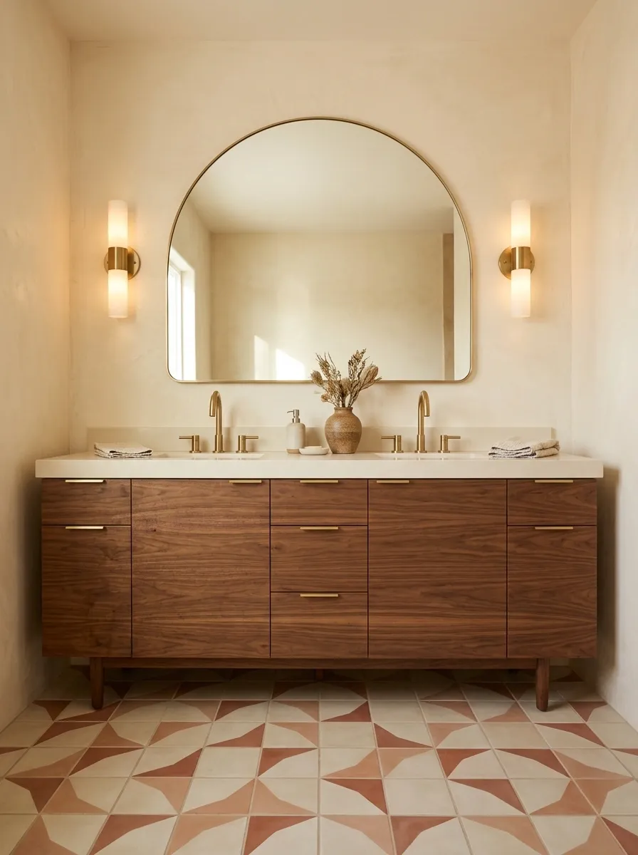 Mid-Century Desert Bathroom With Walnut and Geometric Tile