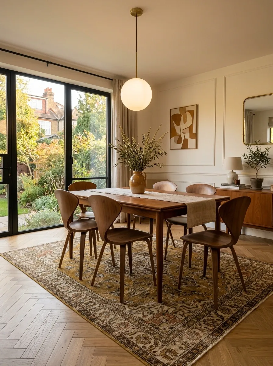 Mid-Century Dining Room With a Mustard Vintage Rug