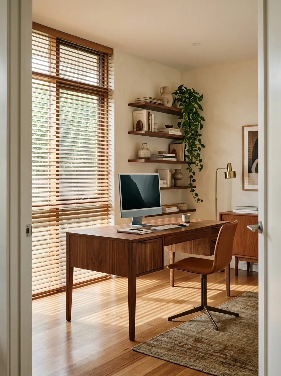 Mid-Century Home Office With Natural Wood Venetian Blinds