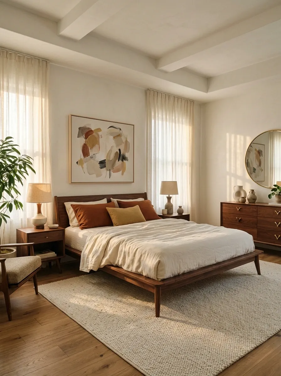 Mid-Century-Inspired Bedroom With Walnut, Rust, and Mustard