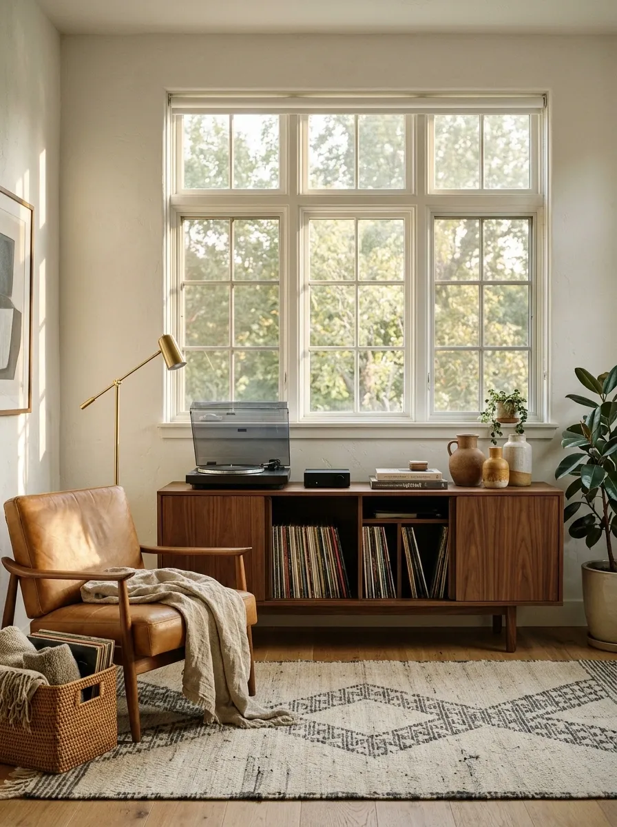 Mid-Century Listening Room With a Vinyl Record Credenza Under the Window