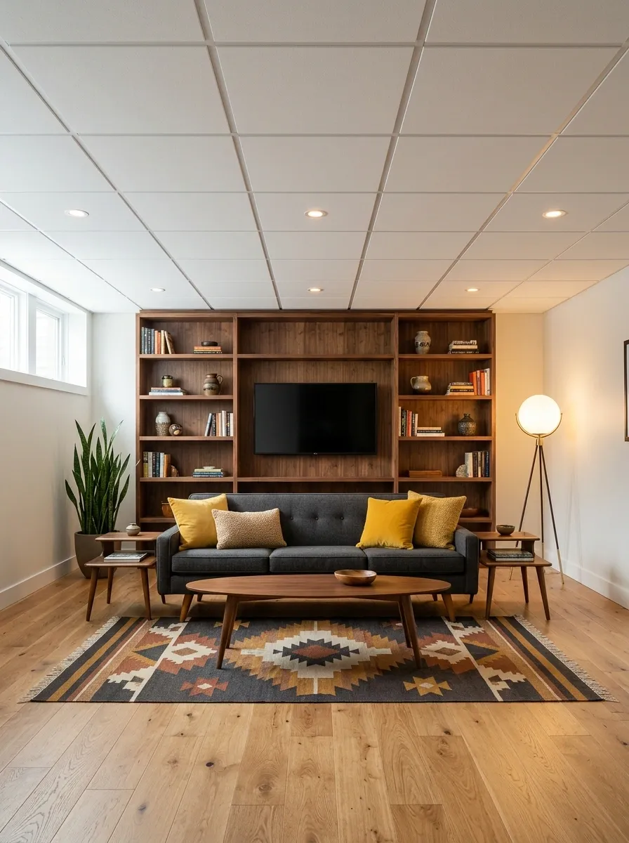 Mid-Century Modern Basement Lounge With a Walnut Feature Wall