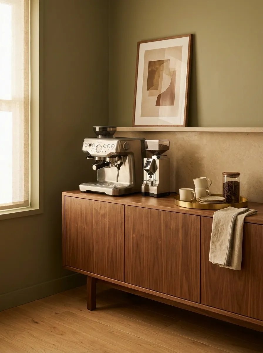 Mid-Century Modern Coffee Station With Walnut Furniture
