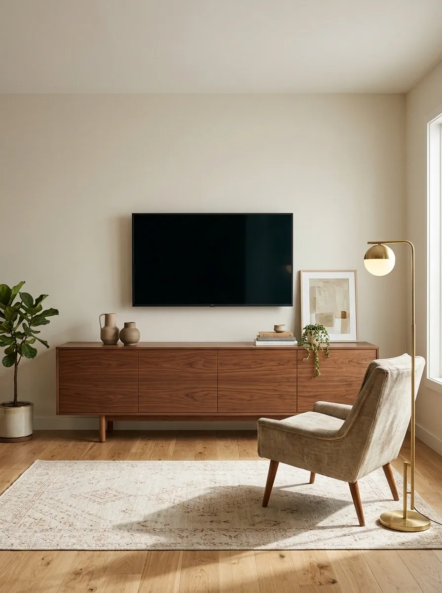 Mid-Century Modern TV Wall With a Long Walnut Credenza