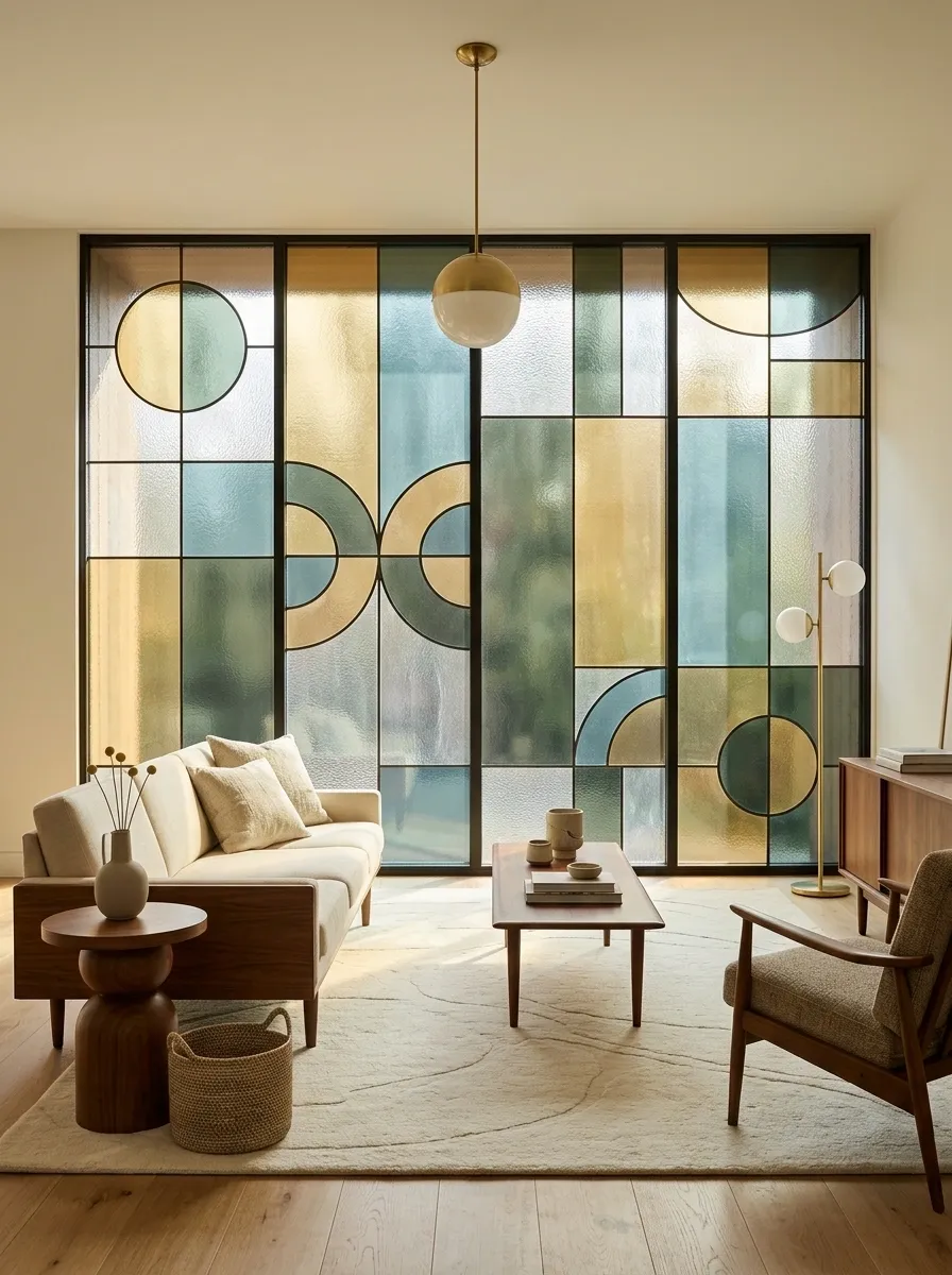 Midcentury Living Room With Graphic Geometric Glass