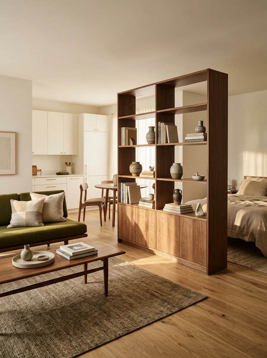 Midcentury Studio With a Freestanding Bookcase Divider