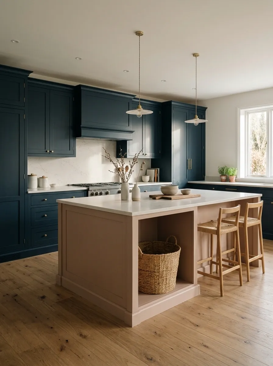 Midnight Blue Cabinets With a Pale Clay Island