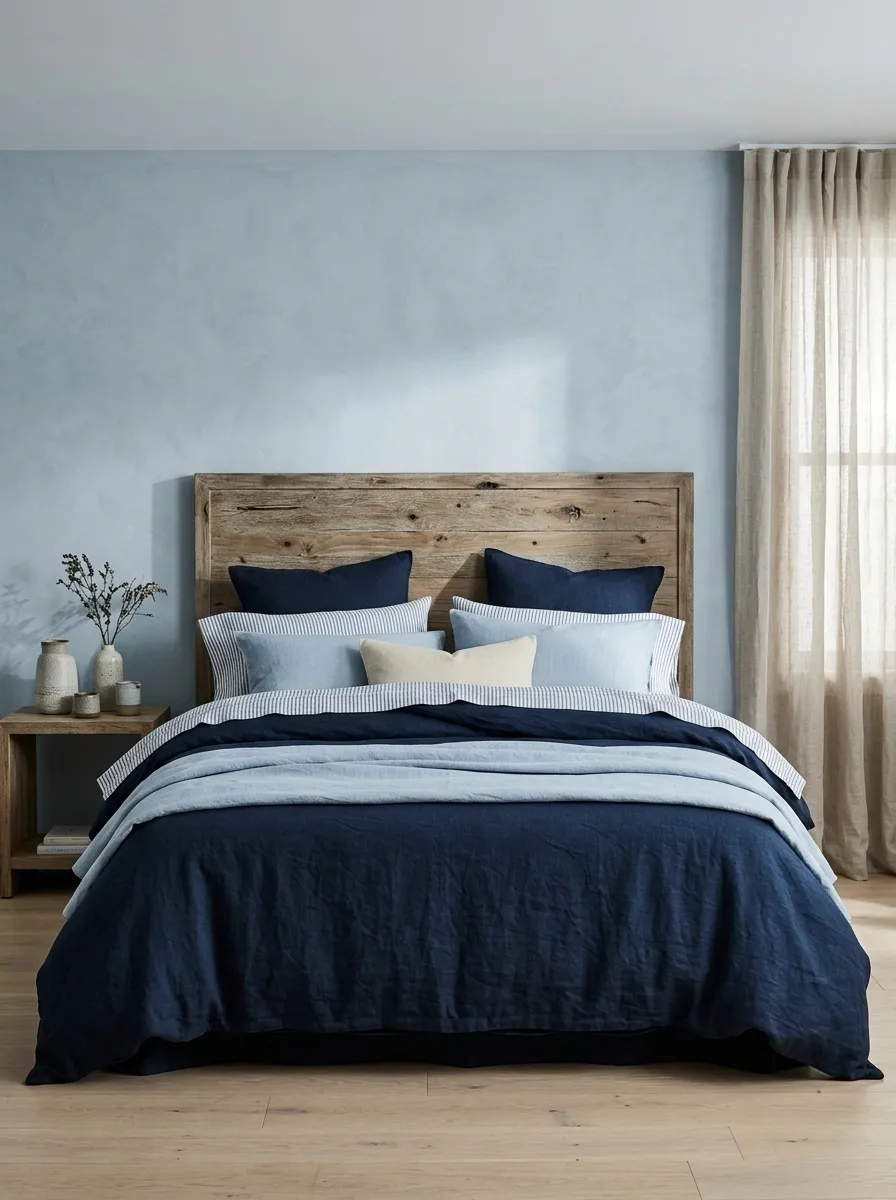 Midnight Coastal Bedding With Weathered Wood