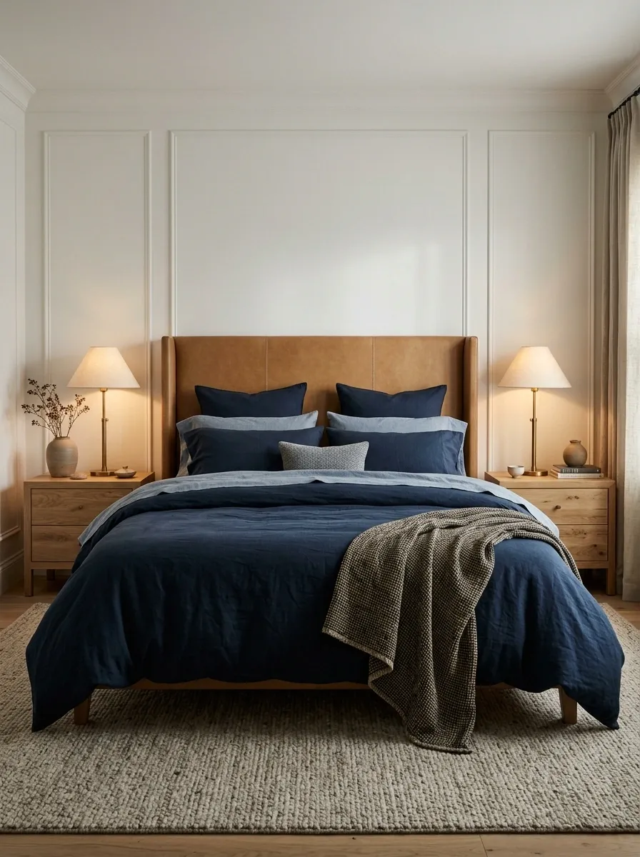 Midnight Navy Bedding With Camel Leather Accents