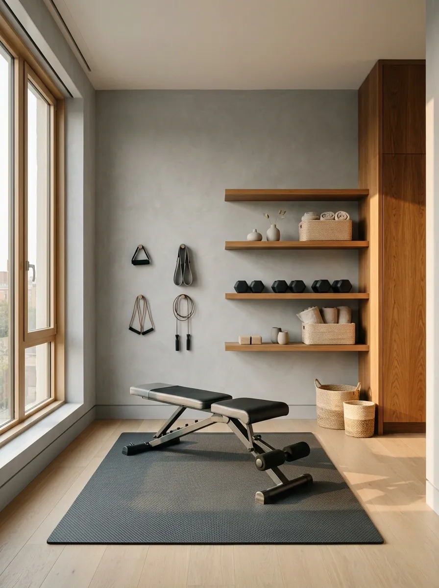 Mineral Gray Apartment Gym With Warm Timber