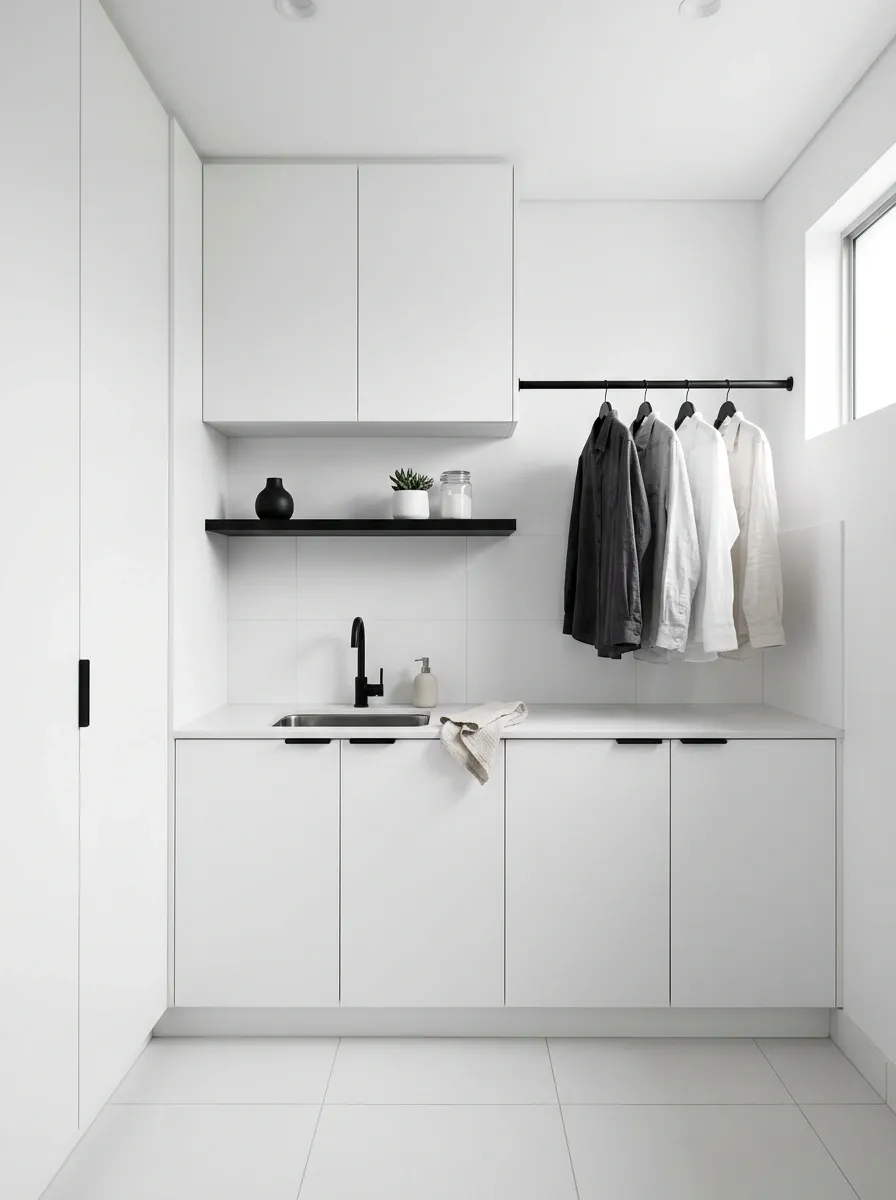 Minimal Black-and-White Laundry Room With Floating Storage