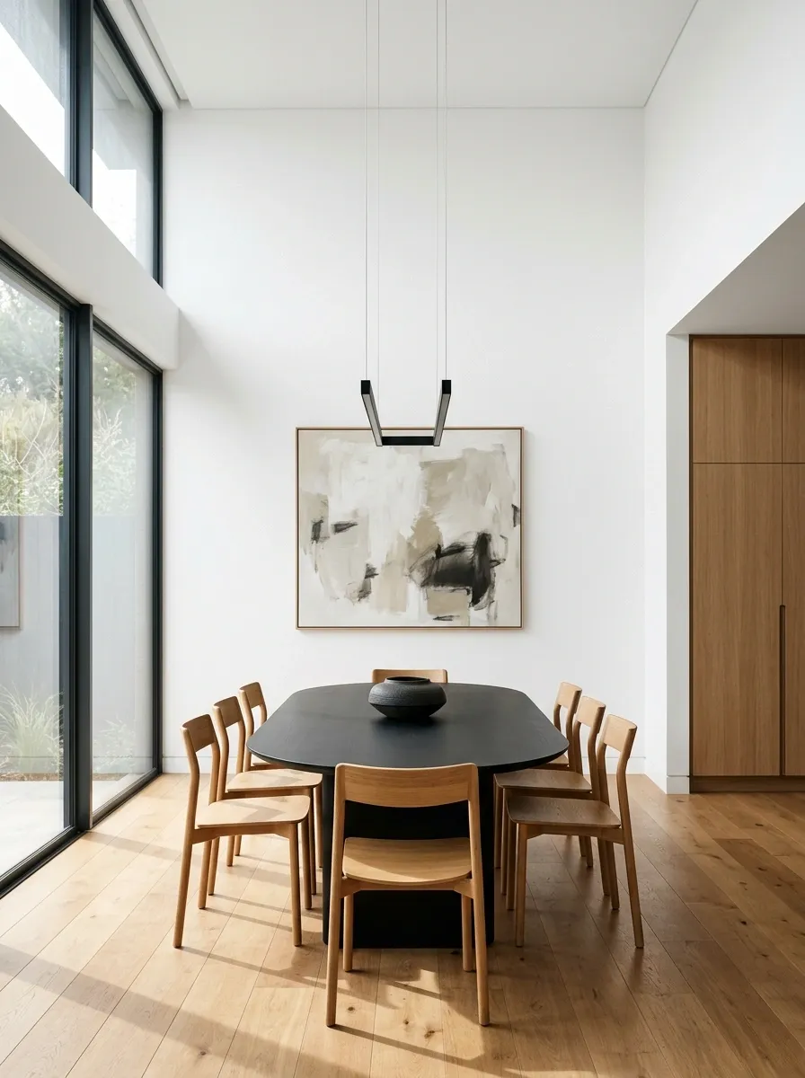 Minimal Black-and-Wood Dining Room With a Strong Architectural Focus