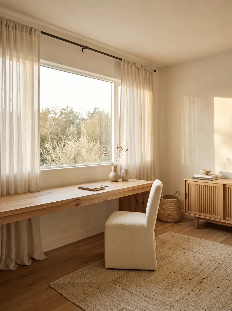 Minimal Boho Office With a Wide Window and Low Furniture