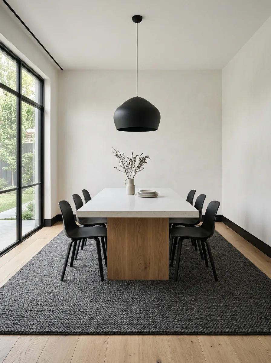 Minimal Dining Room With a Charcoal Wool Rug