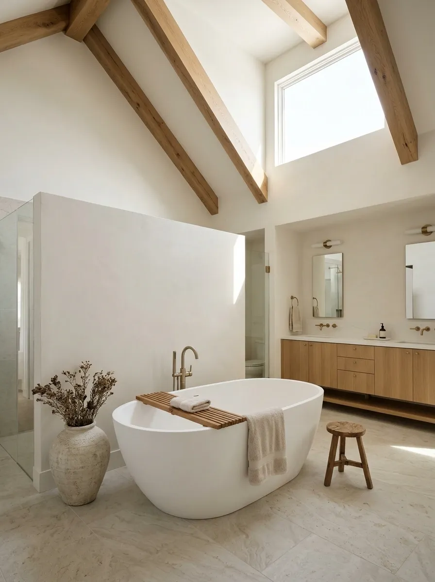 Minimal Farmhouse Bathroom With Exposed Oak Beams and a Freestanding Tub