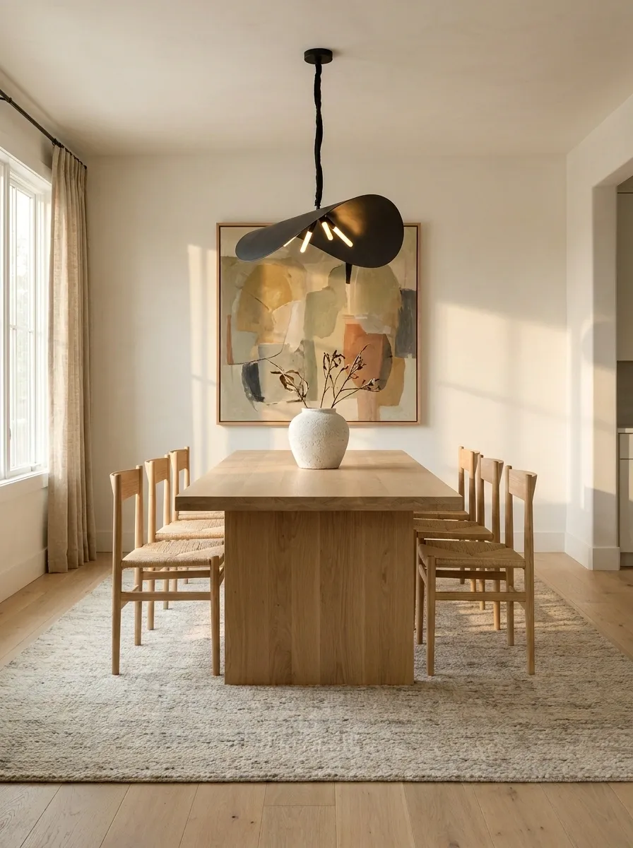 Minimal Farmhouse Dining Room With Pale Oak and Cream Walls