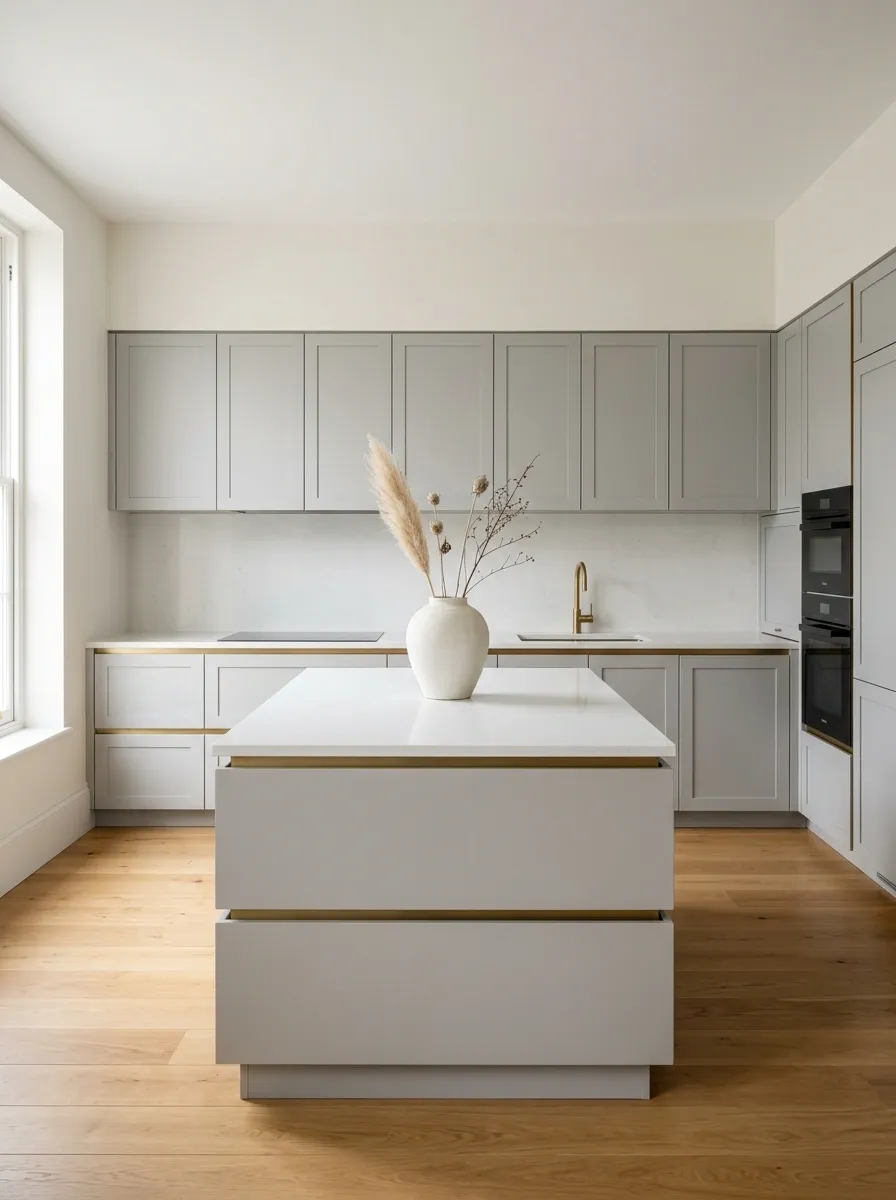 Minimal Gray Cabinets With Almost-White Stone