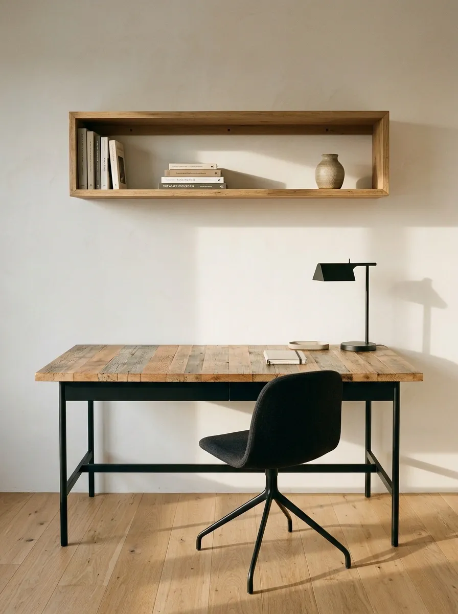 Minimal Home Office With a Pallet-Wood Desktop and Open Shelving