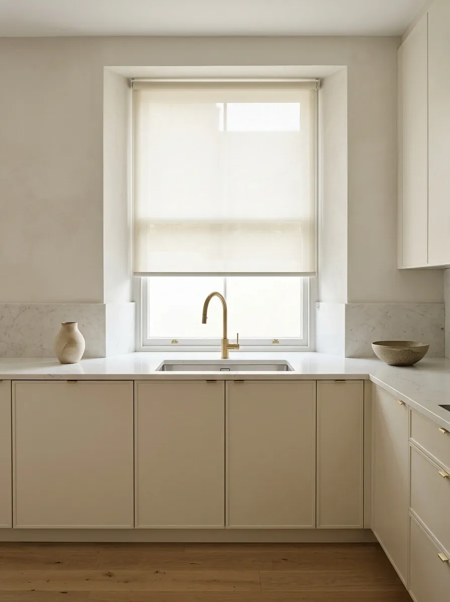 Minimal Kitchen With Clean-Lined Roller Shades