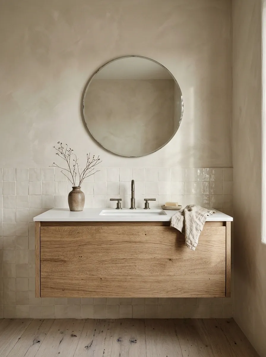 Minimal Rustic Country Bathroom With Limewash and Reclaimed Oak