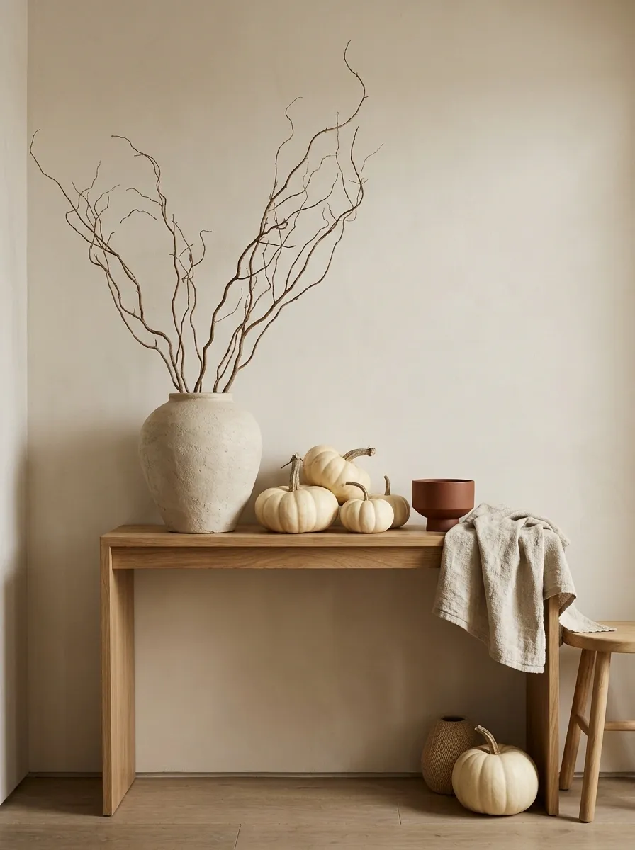 Minimal Thanksgiving Decor With Cream Pumpkins and Sculptural Branches