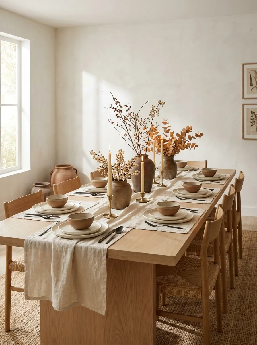 Minimal Thanksgiving Tablescape With Clay, Cream, and Wood