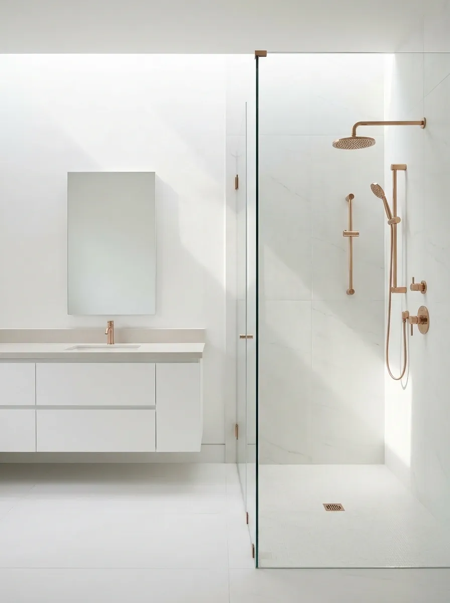 Minimal White Bathroom With a Rose Gold Shower Set